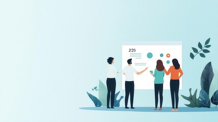 Group of colleagues analyzing presentation board in a modern office space, teamwork and collaboration concept.