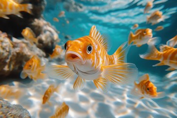 Fototapeta premium Red Shrimp Swimming Underwater in the Sea – Wide-Angle Perspective Real Photograph