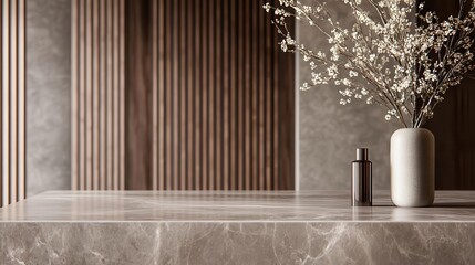 elegant gray marble kitchen countertop for product presentation, set against stylish brown wall panels. the clean design offers a luxurious backdrop for showcasing beauty or lifestyle products