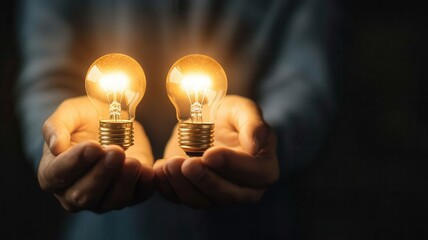 Hands holding glowing light bulbs, symbolizing innovation and creativity, on a dark background.