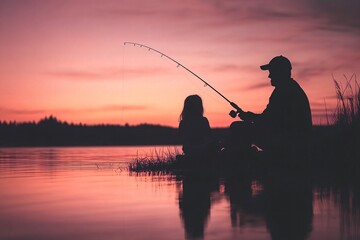Father and Daughter Fishing at Calm Lake During Sunset