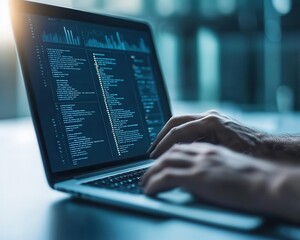 Hands typing code on a laptop with screen displaying programming data, blurred office background.