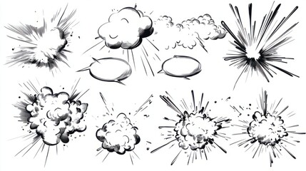 Transparent Background Comic Blank Speech Bubble Set: Cartoon Explosions Isolated on White Background with Vintage Comics Design and Place for Your Text - PNG