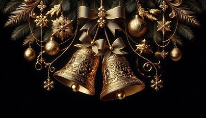 Gold Christmas Bells Beautiful golden bells with intricate details on black background,generative ai