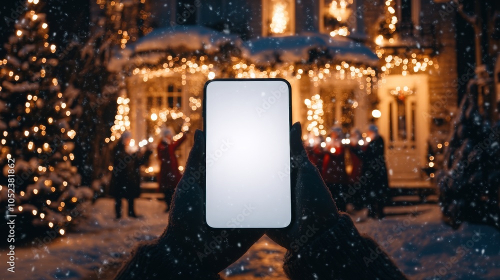 Poster a person holds up a smartphone in the foreground, showcasing a blank screen, while in the background