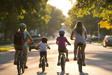 Obraz premium Mother Teaching Kids to Ride Bikes in Warm Light