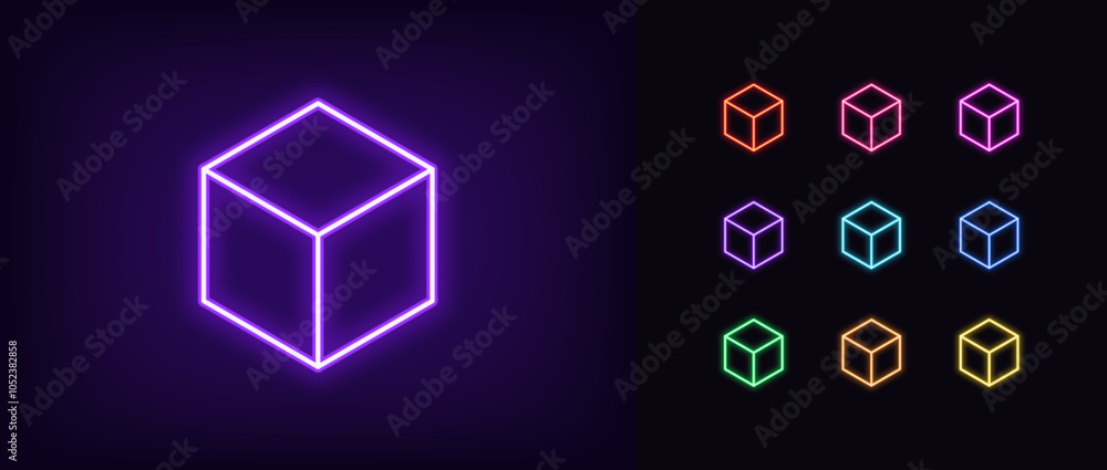 Poster outline neon cube icon set. glowing neon isometric cube wireframe, cubic shape, geometric figure. wi