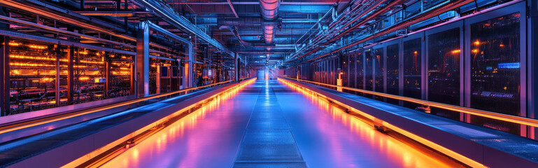 AI processing center, where data flows through glowing pipes into a massive supercomputer