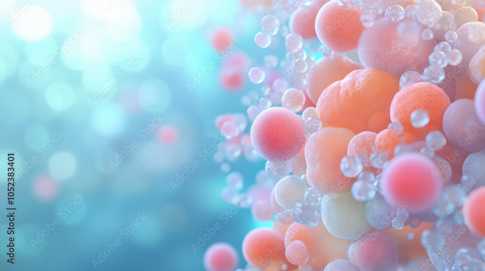 Poster A colorful cluster of spherical cells or bubbles floating in a soft, ethereal blue background, creating a serene and abstract composition.