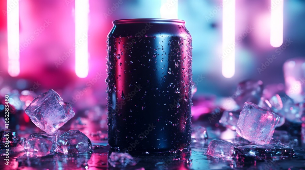 Poster a chilled can of beverage is placed amidst scattered ice cubes, reflecting the colorful hues of neon