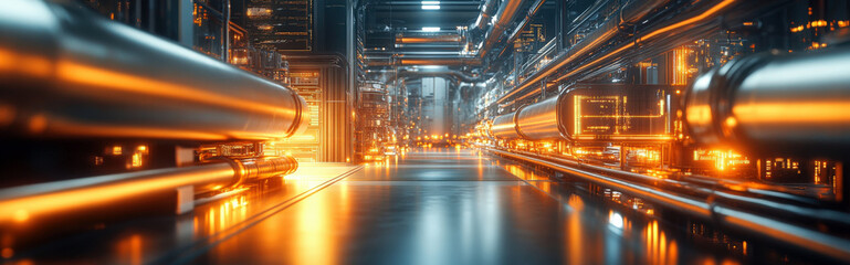 AI processing center, where data flows through glowing pipes into a massive supercomputer