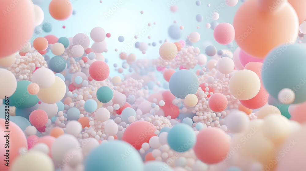 Poster a dreamy scene of colorful, soft spheres floating in a light, airy space, creating a sense of whimsy