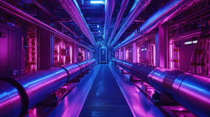 AI processing center, where data flows through glowing pipes into a massive supercomputer