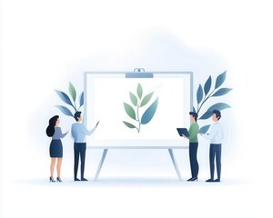 Obraz premium Team presenting a plant graphic on a whiteboard, promoting environmental awareness in the workplace.