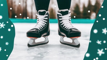 Fototapeta premium Ice Skates on a Frozen Pond in Winter Landscape