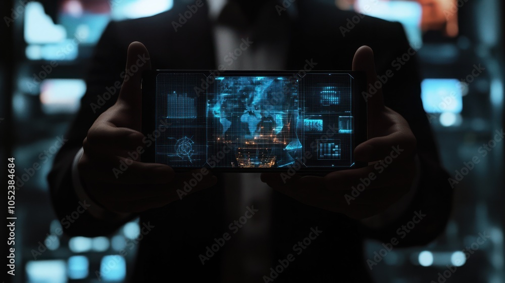 Poster view of a businessman holding a computer and devices displayed on a smartphone interface with intern