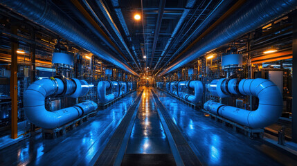 AI processing center, where data flows through glowing pipes into a massive supercomputer