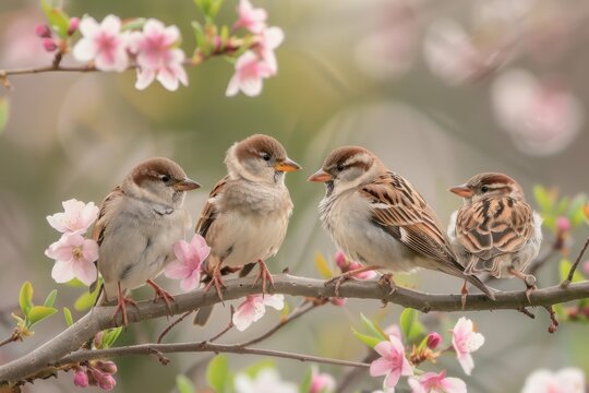 A merry band of sparrows perches on vibrant branches, their songs echoing through the fresh spring air.