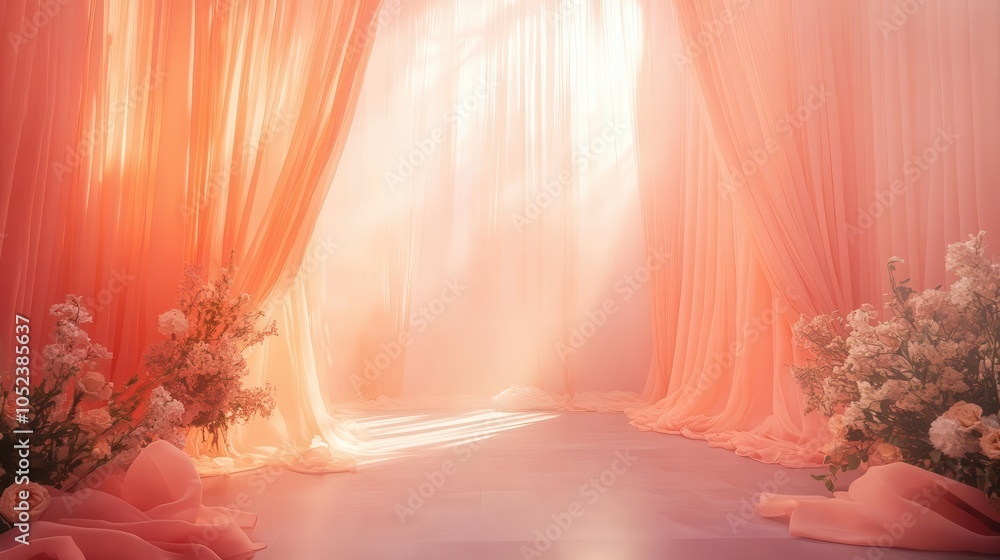 Poster ethereal peach drapes cascade softly, infused with delicate light and surreal fog, creating a romant