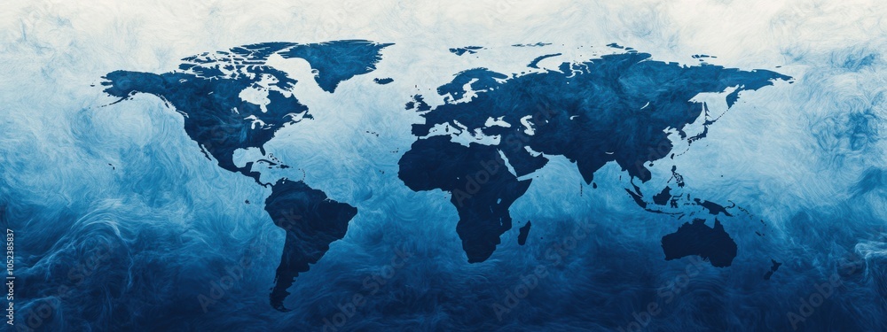 Poster gradient world map with continents in shades of blue, representing global connectivity and unity, vi