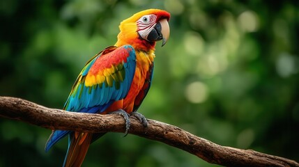 Obraz premium exotic bird perched gracefully on a branch, showcasing its brilliant plumage and vibrant colors, set against a lush green backdrop that highlights its natural beauty