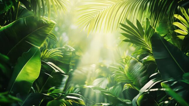 exotic bali-inspired design featuring a lush green background filled with tropical palm and banana leaves, illuminated by soft rays of sunlight, creating an atmosphere of tranquility and paradise