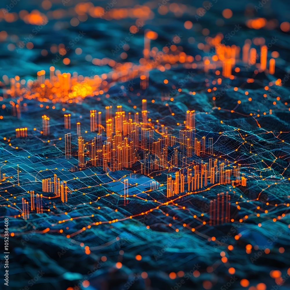 Poster glowing heatmap graph overlaid on futuristic cityscape landscape visualizing population density and 