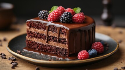 Chocolate cake slice, with rich layers of ganache, dripping chocolate, and berries.