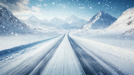 expansive snowy road stretching through a breathtaking landscape of majestic mountains, creating a sense of solitude and adventure under a bright winter sky