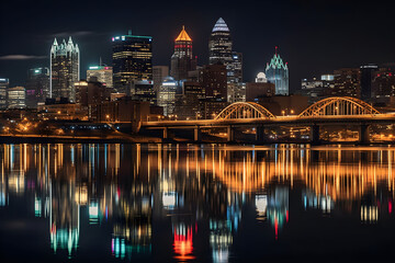 Fototapeta premium Nächtliche Skyline mit Brücke und Wasserreflexionen - KI generiert