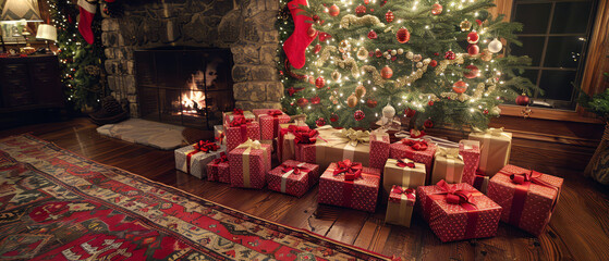 Festive Christmas Gifts Under the Tree in Cozy Holiday Living Room, Warm Fireplace Ambiance