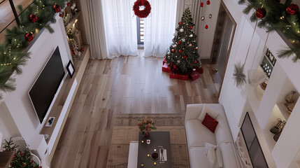 Aerial view of a cozy Christmas-themed modern apartment with a decorated tree and festive decor