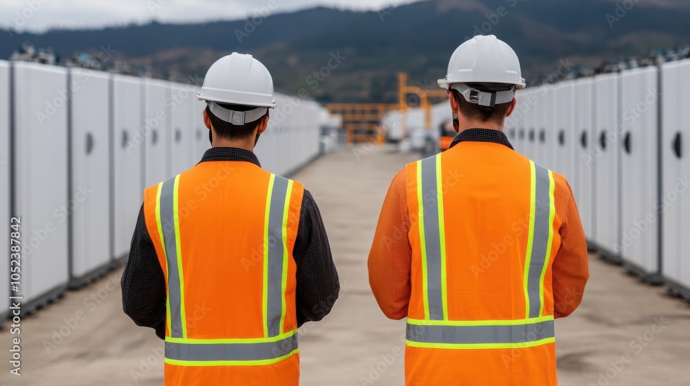 Poster workers inspecting industrial lithium ion battery array