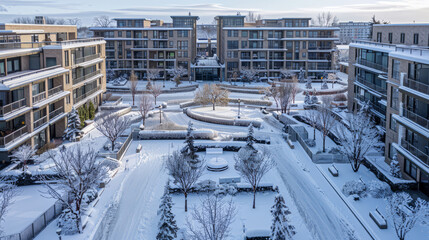 Aerial View of Modern Apartment Complex in Winter with Snow-Covered Landscape