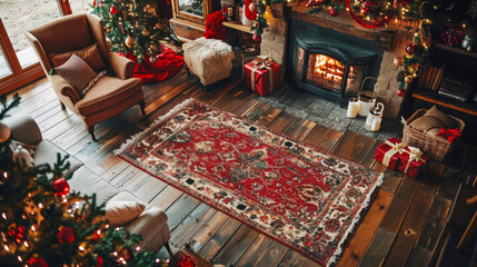 Warm and Cozy Christmas Living Room with Fireplace, Festive Tree, and Traditional Decor
