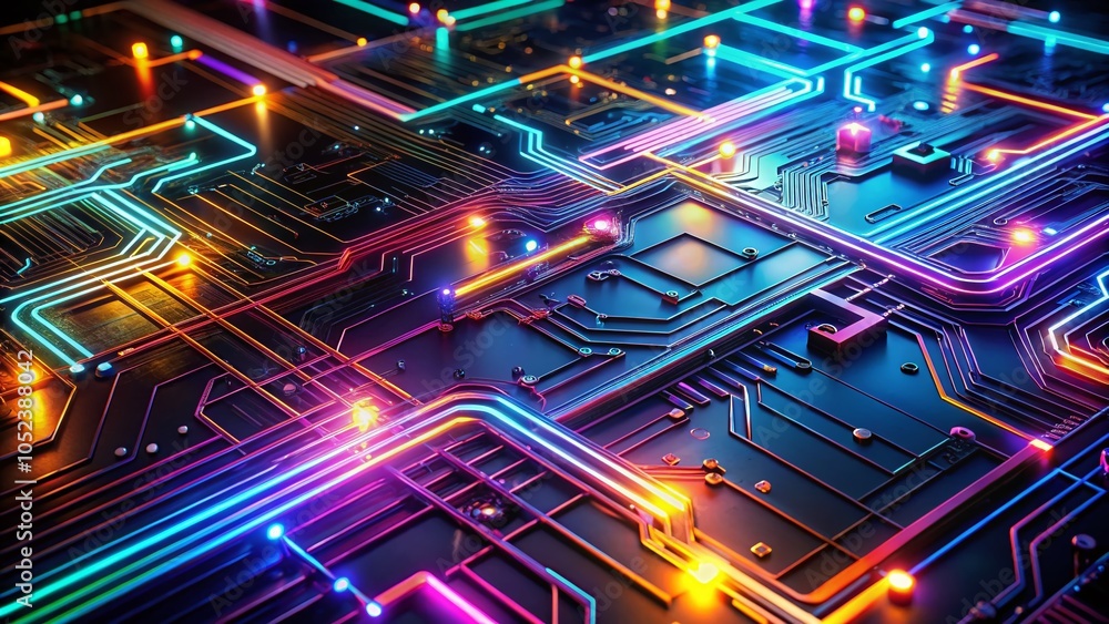 Poster futuristic digital circuit board with neon traces and interconnected paths in a panoramic view