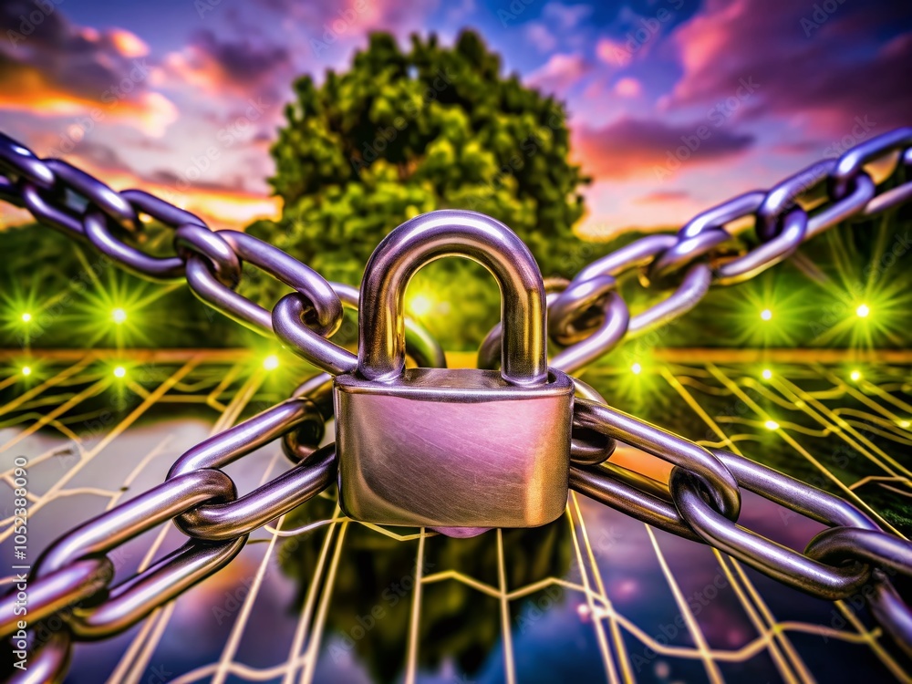 Poster futuristic digital locks and chains symbolizing cybersecurity and data protection in a vibrant envir