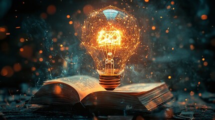 modern abstract concept with a glowing low polygonal book floating above an electric light bulb representing futuristic knowledge innovation and creative thinking