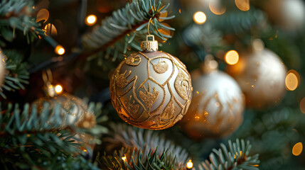 Golden Christmas Ornament on Pine Tree Branch with Warm Festive Lights, Celebrating the Holiday Season