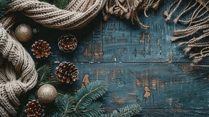 Rustic Christmas Background with Pinecones, Garland, and Cozy Knitted Scarf on Wooden Table