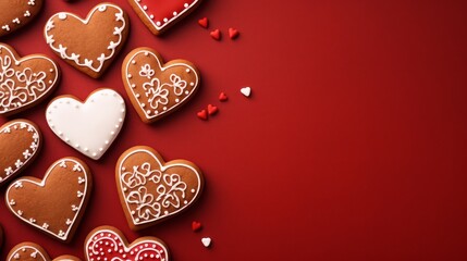 Fototapeta premium Gingerbread heart cookies with icing on red table texture, flat lay, top view