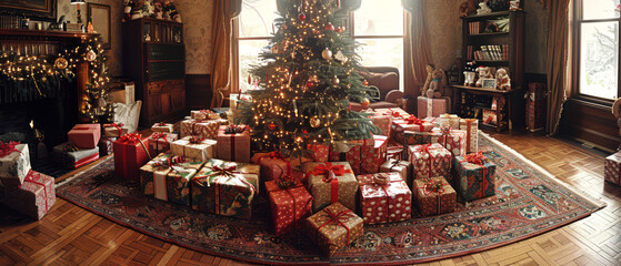 Festive living room with Christmas tree surrounded by beautifully wrapped presents, perfect for holiday decor, gift-giving, and celebration themes.
