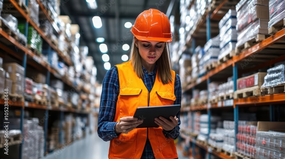 Poster female supervisor meticulously checking stock inventory on a digital tablet within a smart warehouse