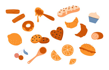 Sweet pastry. Desserts for tea drinking. Eclair and croissant. Delicious chocolate biscuits. Honey cupcake. Baked confectionery. Macaron cookie. Yummy treat pie. Vector sugar food set