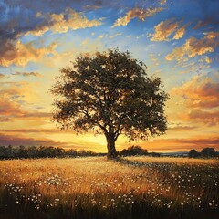 Fototapeta premium Countryside tree sunset