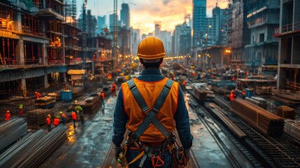 Obraz premium Drone view of a construction crew on a high-rise building, with every safety harness, tool, and coordinated task captured in sharp focus.