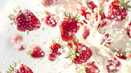Strawberry milk. A close-up of juicy ripe delicious strawberries and splashes of milk splashing in the air. The picture shows a playful and whimsical mood