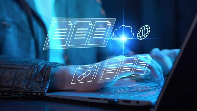 Businessman computer tablet cloud storage document management, online cloud computing database, file storage system digital transformation technology, file access, doc sharing data analysis