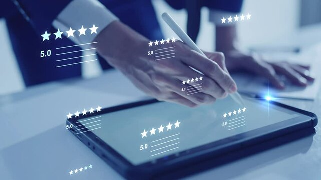 Customer review 5 stars product and service positive recommend reputation, read and write review client feedback, user experience ranking