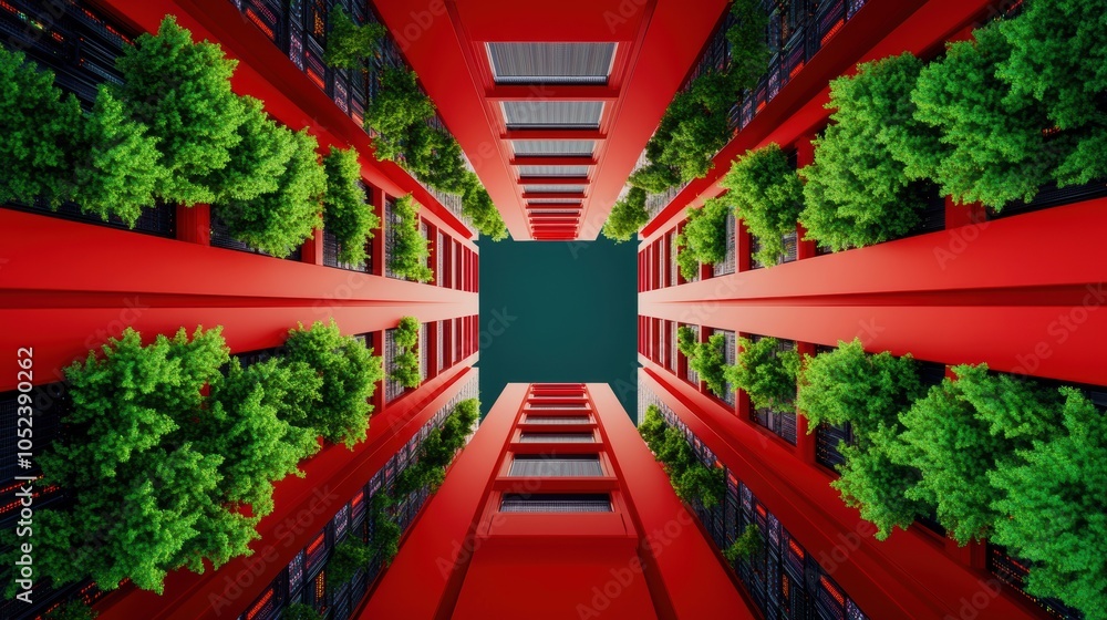 Poster Overhead view of a data center with rows of servers, cables, and cooling systems.